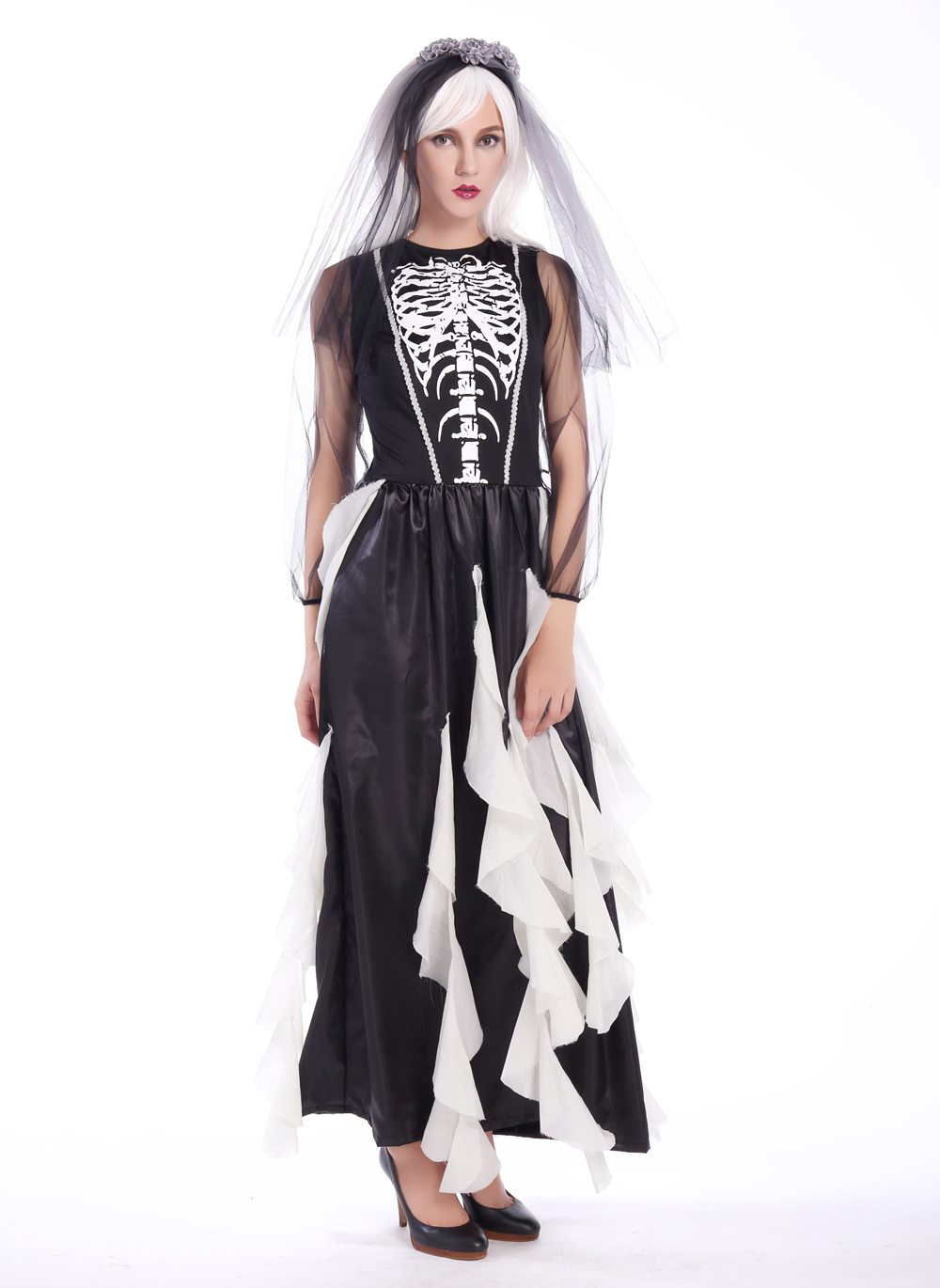 F1680 black and white zombie bride skeleton costume,it comes with headwear,dress